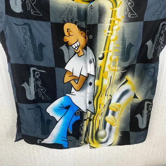 Claudio Nucci Mens Black Y2K Hip Hop Retro Music Hawaiian Button Up Shirt Size L - Picture 5 of 16